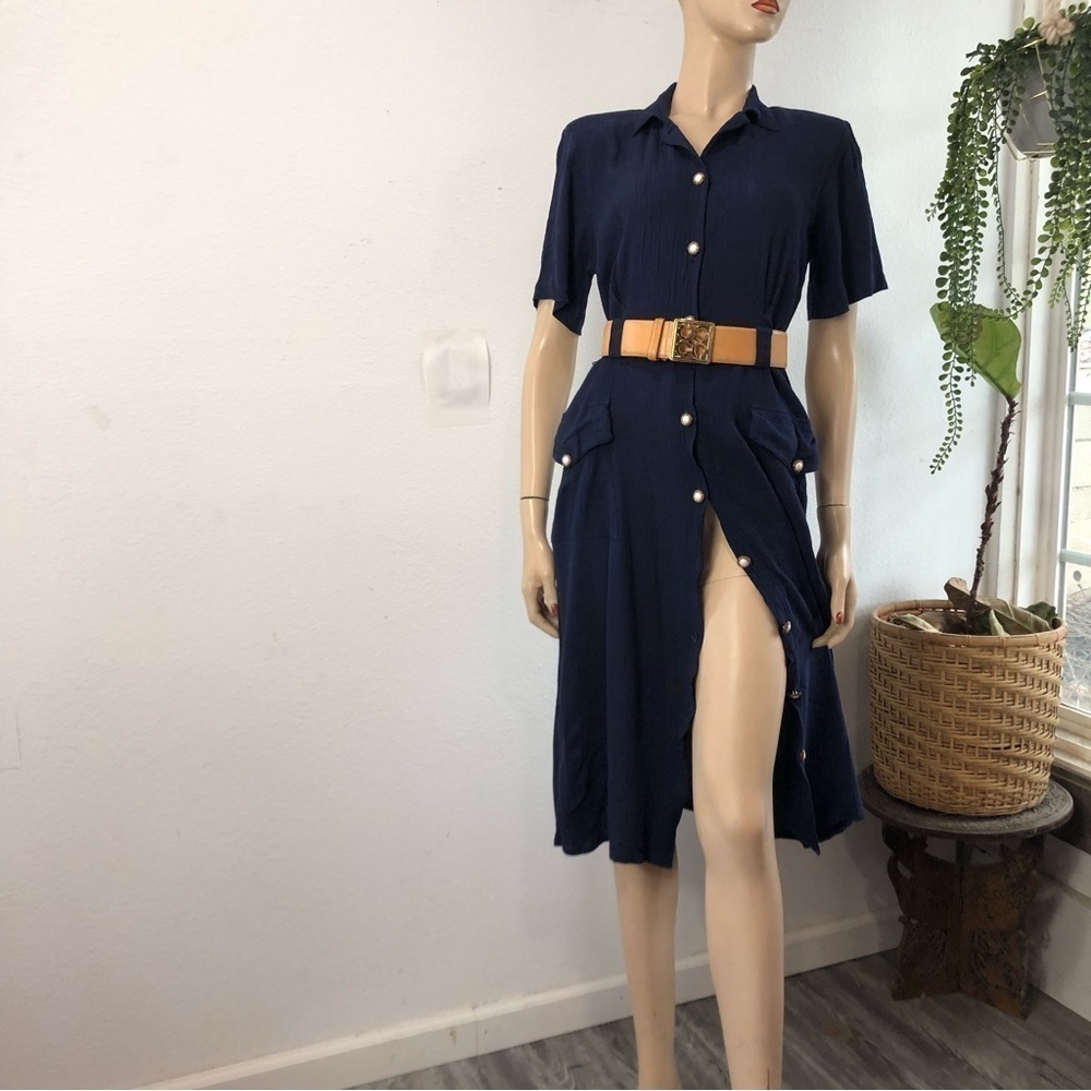 Vintage Ms. Basia California maxi button front dress dark blue